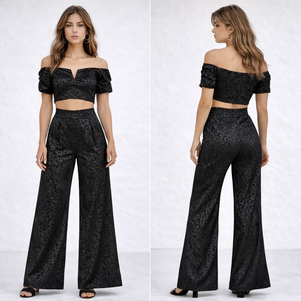 Free People 2 Pc High Waist Wide Leg Pants & Crop Top Set Size 2 Leopard Outfit